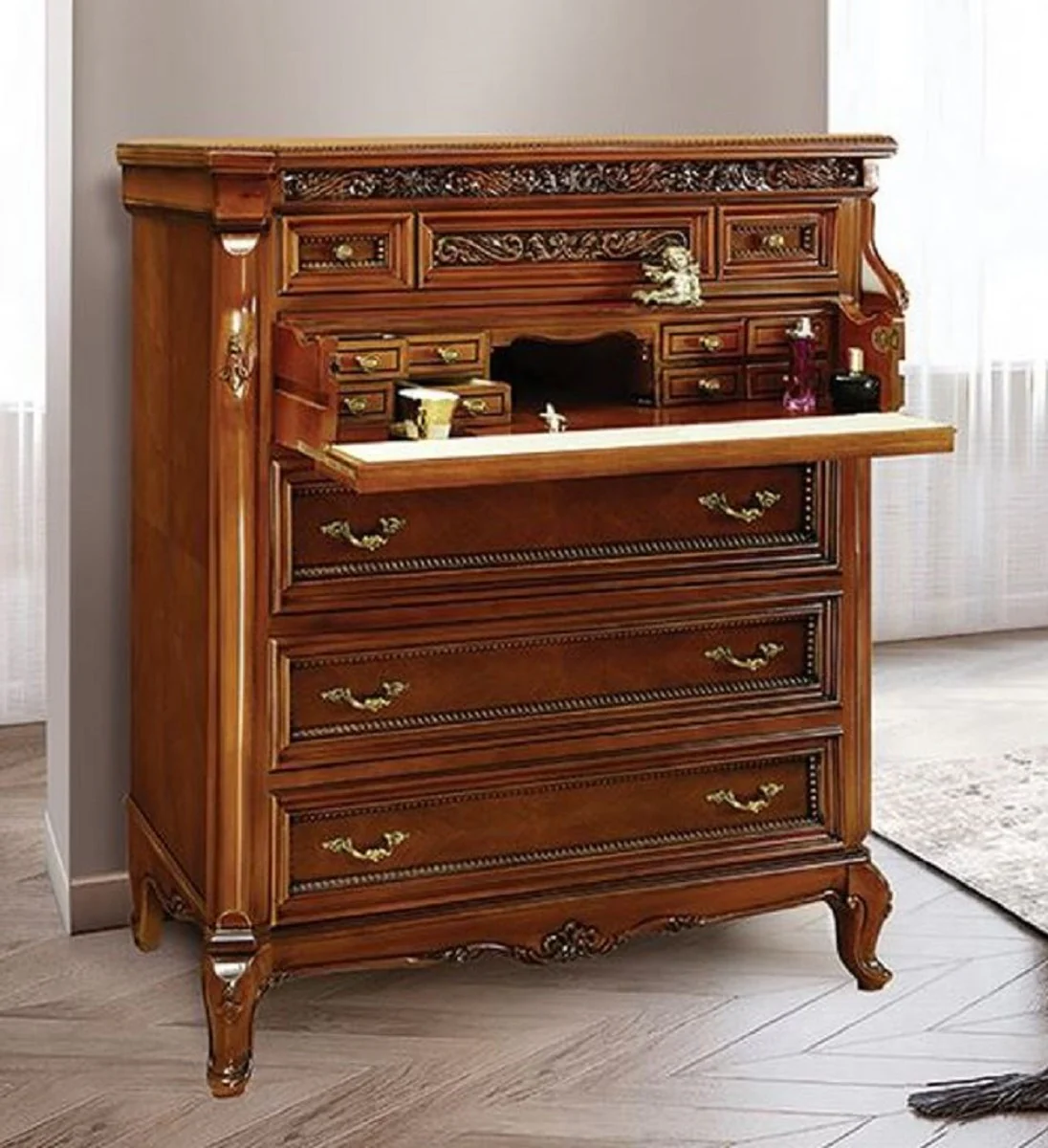 Casa Padrino cómoda barroco de lujo marrón / crema / latón - Magnífica cómoda de dormitorio de estilo barroco - Muebles de dormitorio de lujo de estilo barroco - Muebles barroco