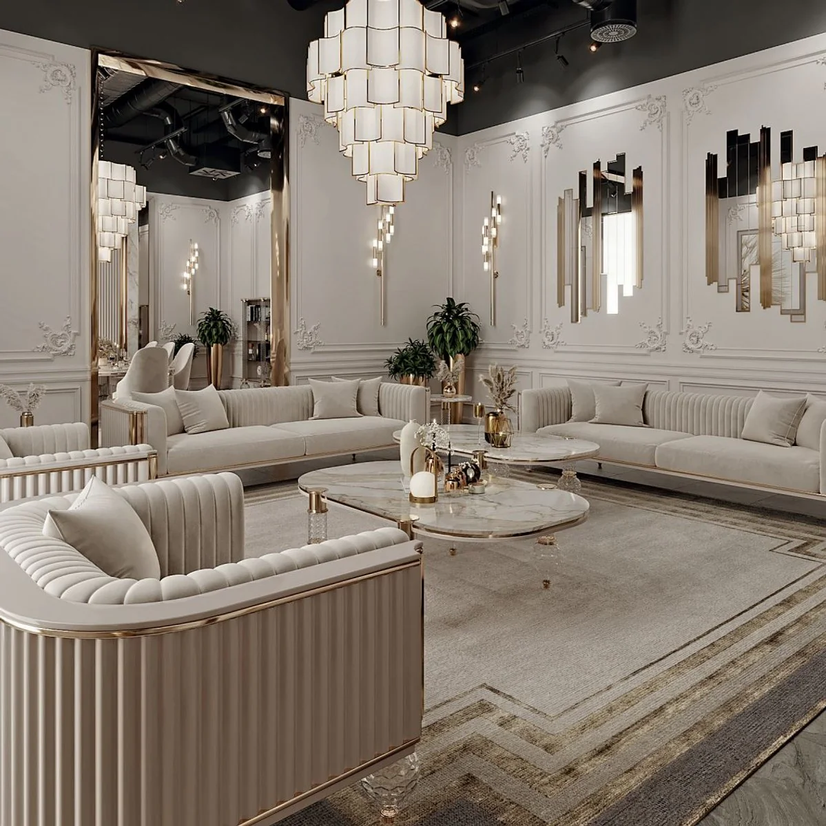 Casa Padrino mesa de centro Art Deco de lujo blanco / gris / oro 160 x 91 x A. 49 cm - Mesa de sal¨®n con tablero de m¨¢rmol artificial fino - Muebles de sal¨®n Art Deco - Muebles de sal¨®n de lujo