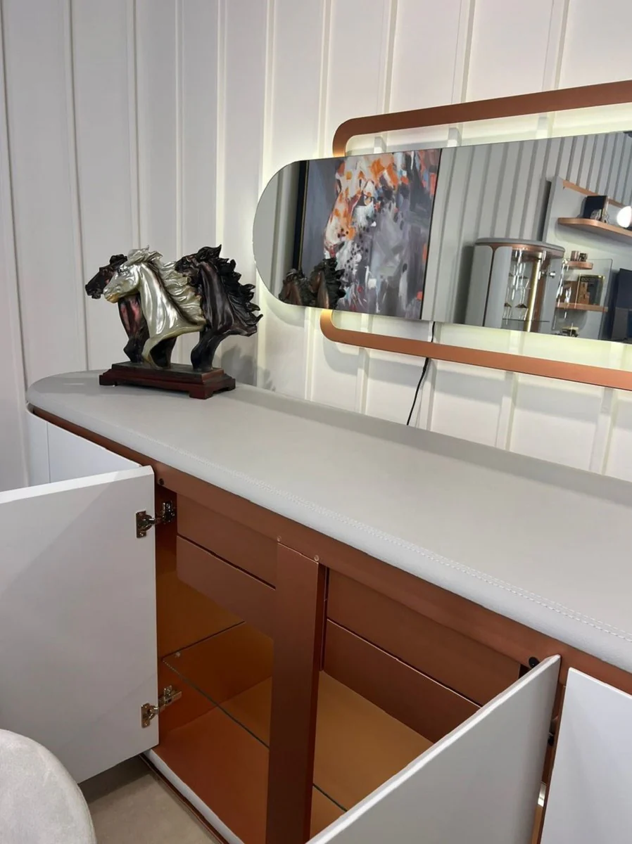 Casa Padrino aparador de lujo blanco / gris / cobre 260 x 60 x A. 90 cm - Armario de madera maciza con 4 puertas - Muebles de comedor - Muebles de lujo - Interiores de lujo