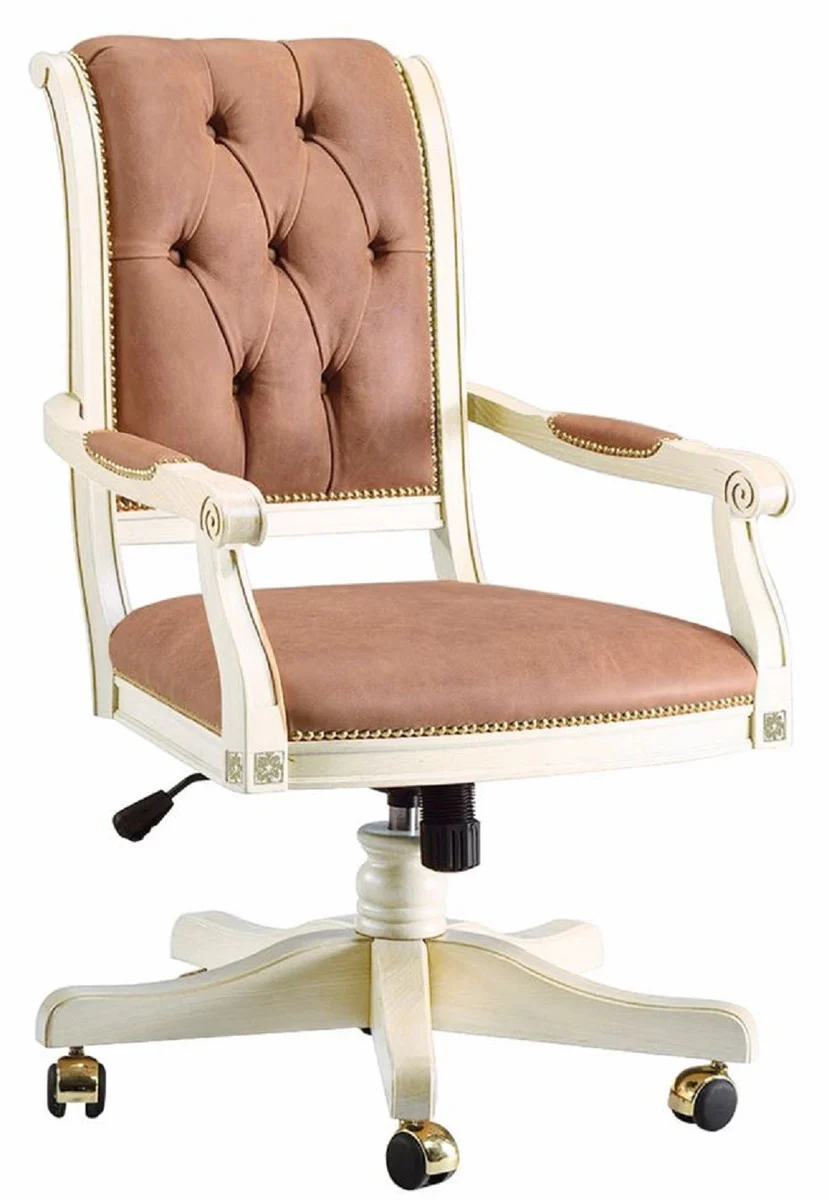Casa Padrino silla de escritorio Chesterfield barroco de lujo marr¨®n claro / blanco / oro - Silla de oficina barroco - Muebles de oficina barrocos - Hecho en Italia