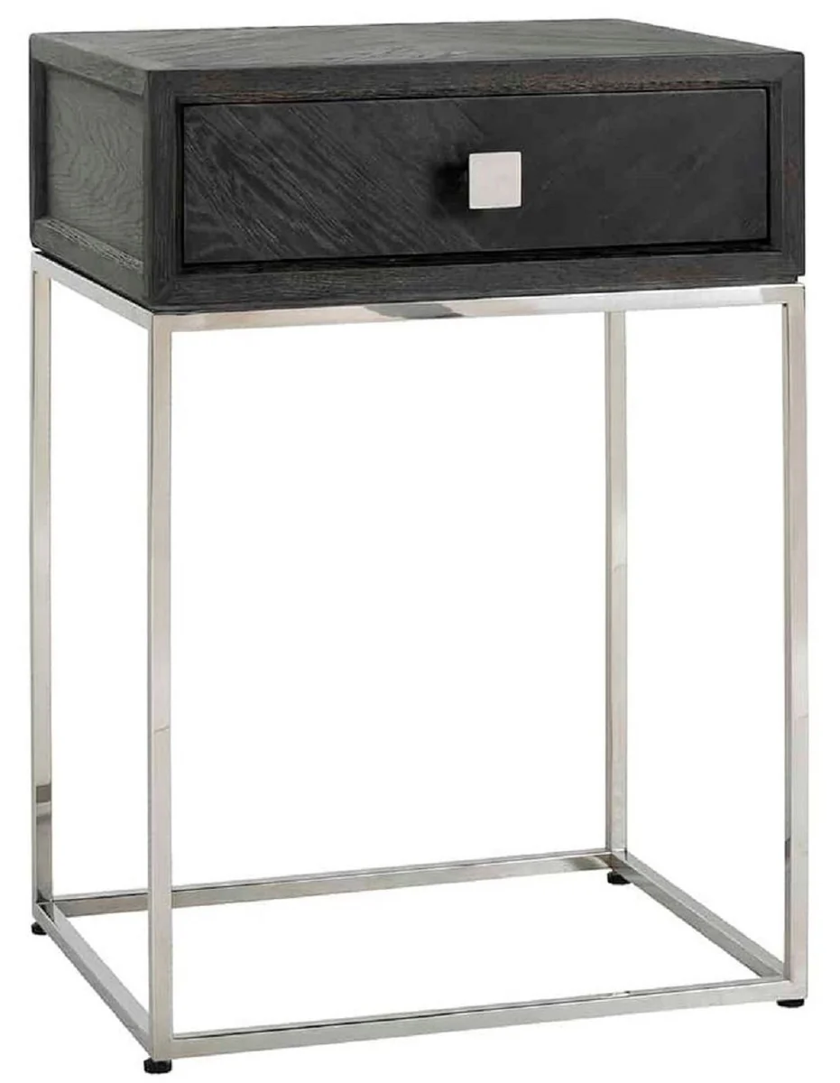 Casa Padrino mesa auxiliar de lujo negro / plata 50 x 40 x A. 71 cm - Mesita de noche de madera maciza con cajón y estructura de acero inoxidable - Muebles de dormitorio de lujo