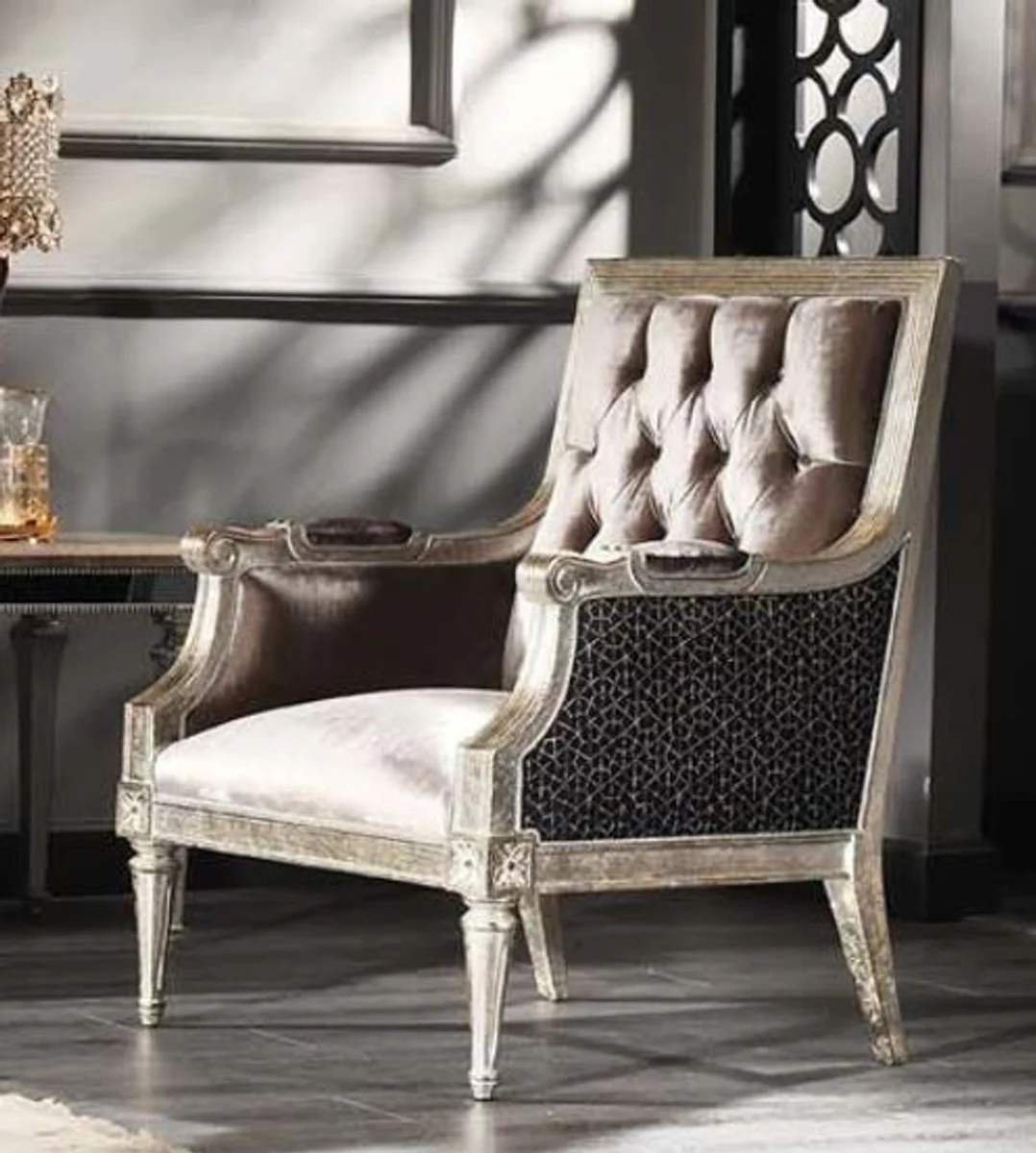 Casa Padrino sill¨®n de terciopelo barroco de lujo rosa / negro / plata antigua 73 x 73 x A. 110 cm - Muebles de Sal¨®n Barrocos