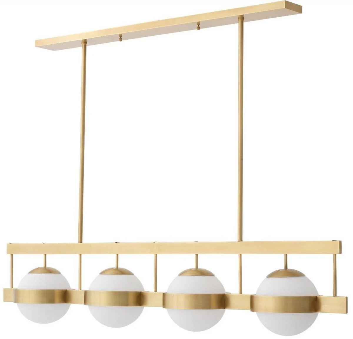 Casa Padrino lámpara de araña de lujo latón antiguo / blanco 140 x 22 x A. 30 cm - Lámpara de araña moderna de metal con pantallas redondas de vidrio - Colección de Lujo