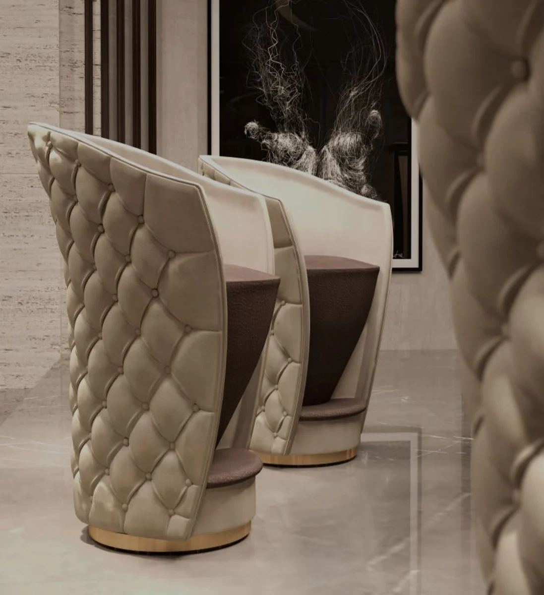 Casa Padrino Silla de Bar Chesterfield de Lujo de Piel Genuina Beige / Marr¨®n / Oro 66 x 66 x A. 103 cm - Silla de Bar Giratoria Hecha a Mano - Muebles de Hotel - Calidad de Lujo - Hecho en Italia