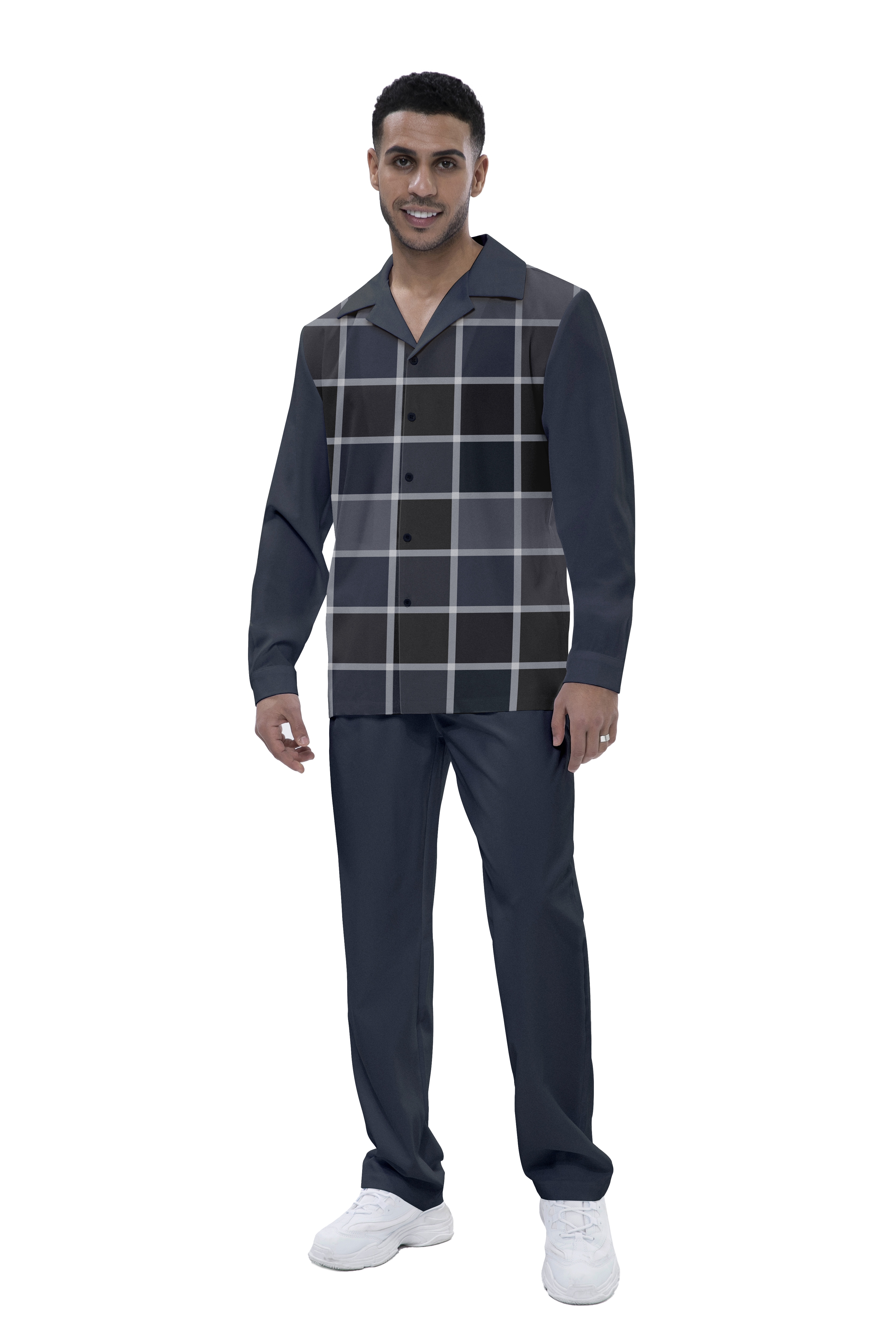 Navy Blue Plaid Long Sleeve Walking Suit