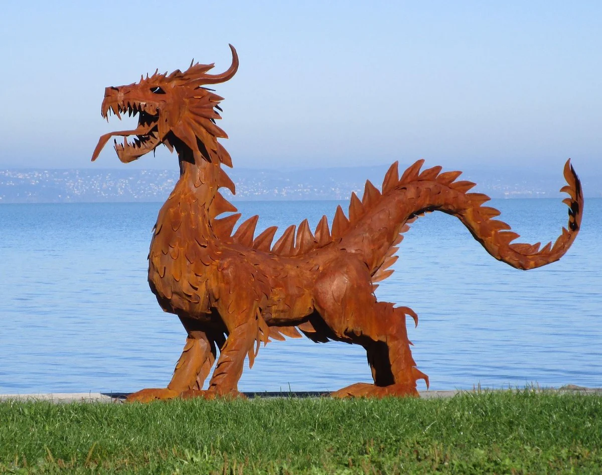 Casa Padrino escultura de decoración de jardín de lujo dragón óxido 290 x 75 x A. 177 cm - Enorme figura decorativa de acero - Figura de Jardín - Decoración de Jardín de Hotel