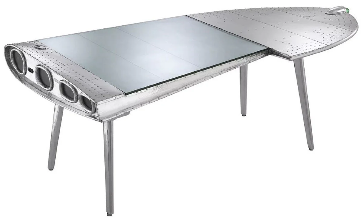 Casa Padrino escritorio de aviador de aluminio de lujo derecho plata 214 x 110 x A. 80 cm - Mesa de oficina de dise?o de avi¨®n - Muebles aluminio - Muebles de avi¨®n - Muebles de oficina de lujo
