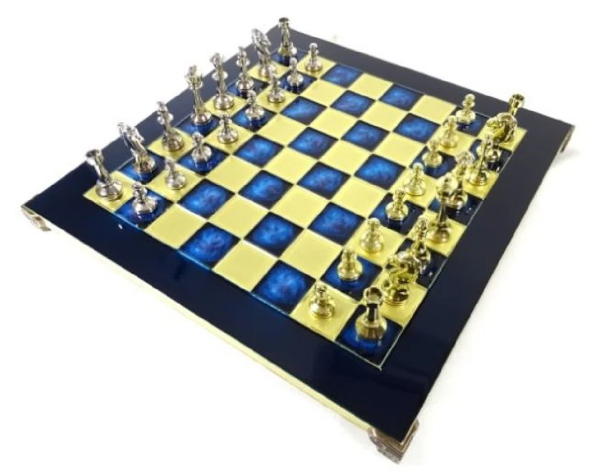 Casa Padrino conjunto de ajedrez de lujo negro / azul / oro / plata / lat¨®n 36 x 36 cm - Tablero de ajedrez de lat¨®n pintado a mano con piezas de metal - Accesorios decorativos de lujo