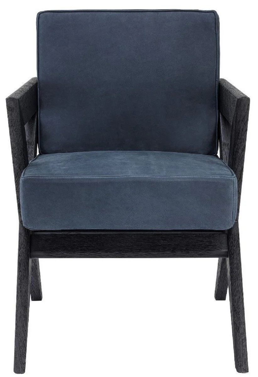 Casa Padrino silla de comedor de piel genuina de lujo con reposabrazos azul / negro 59 x 74 x A. 88 cm - Silla de cocina con cuero de b¨²falo nobuck fino - Muebles de comedor de lujo