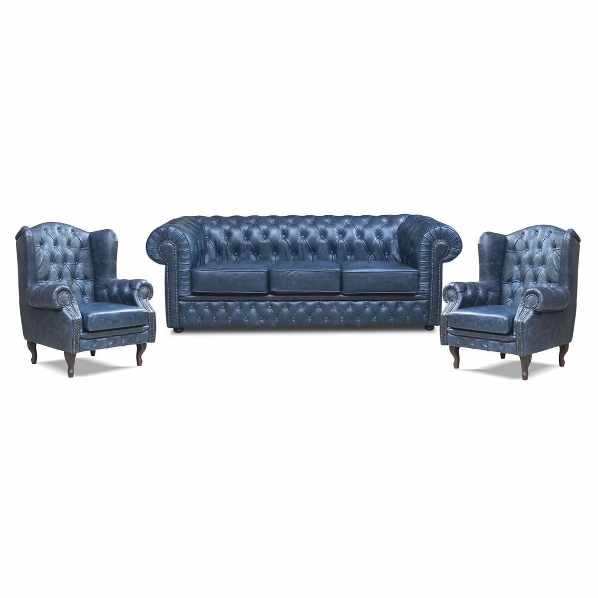 Casa Padrino sill¨®n orejero Chesterfield de lujo de cuero genuino azul vintage / marr¨®n oscuro