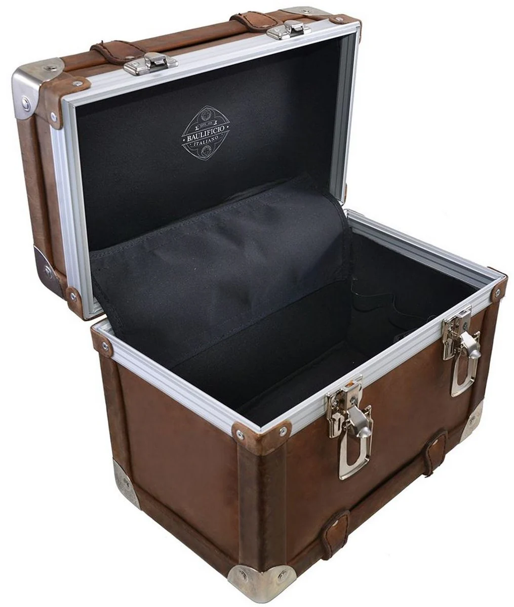 Casa Padrino neceser de maquillaje de lujo marr¨®n vintage / plata 33 x 21 x A. 28,5 cm - Neceser de cuero genuina impermeable hecho a mano con dise?o retro - Calidad de Lujo