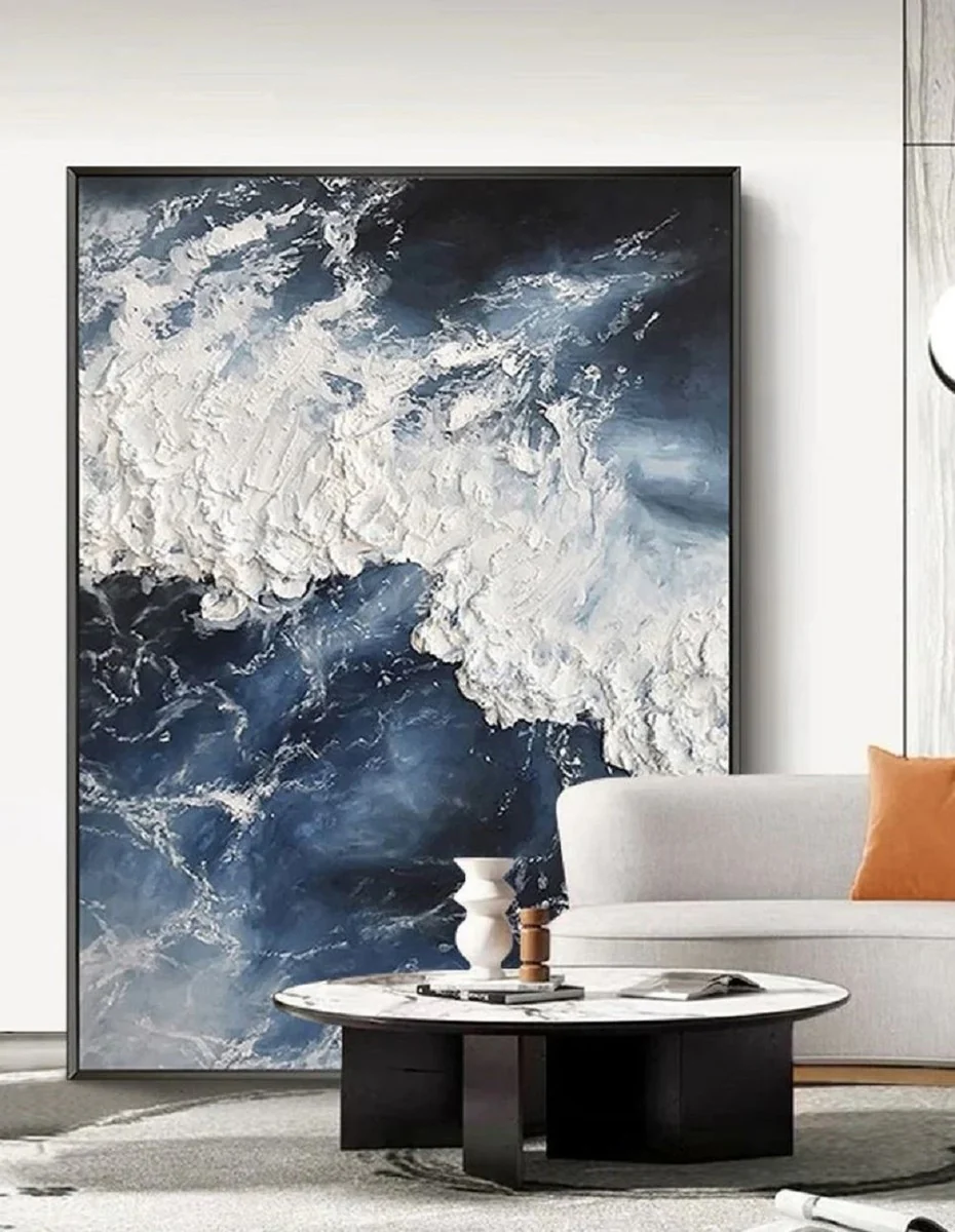 Casa Padrino Pintura al Óleo de Diseño de Lujo Azul / Blanco / Negro 120 x 9 x A. 160 cm - Pintura Pintada a Mano con Marco de Metal - Decoración de Pared de Lujo - Accesorios Decorativos