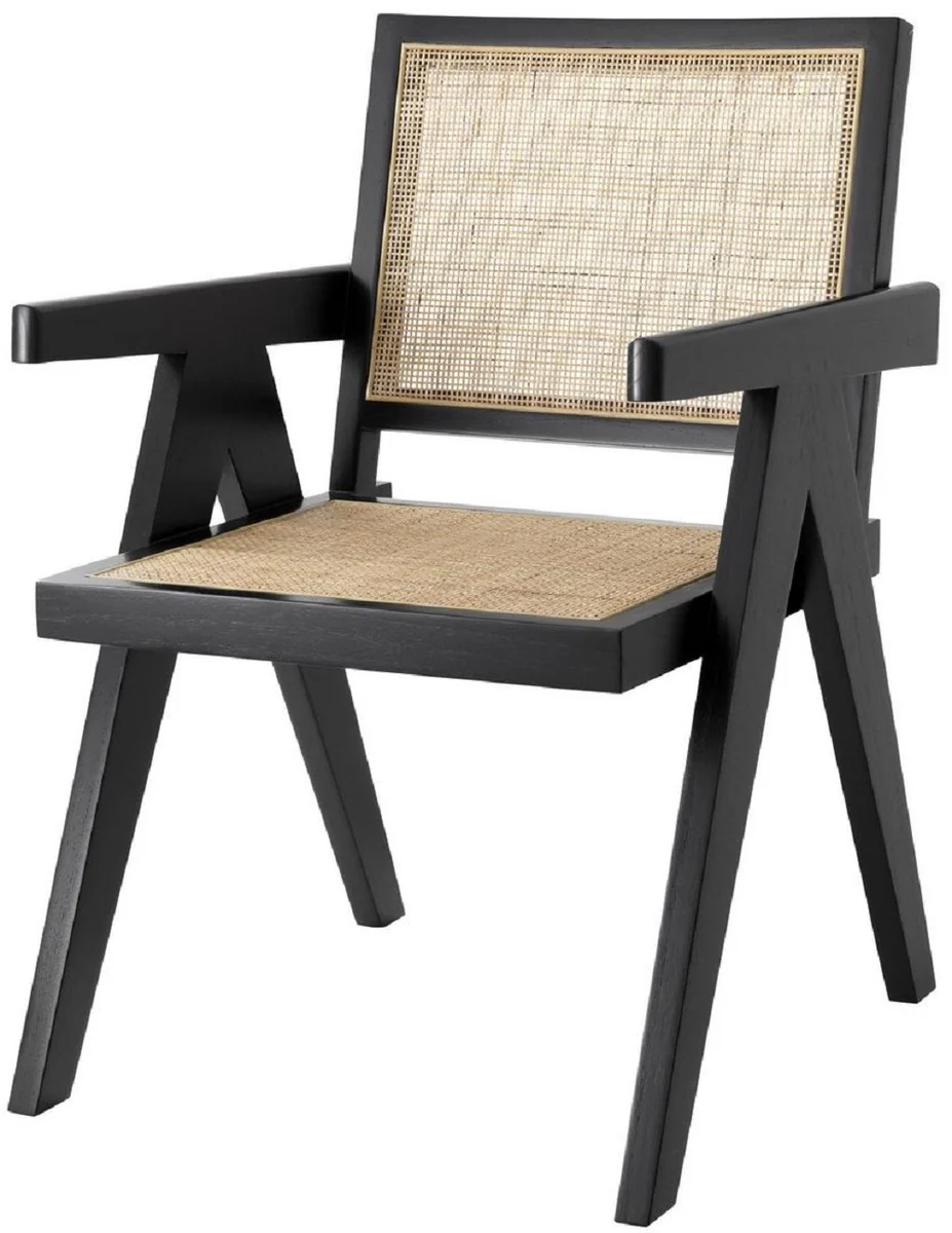Casa Padrino silla de comedor de lujo negro / natural 57 x 65,5 x A. 90 cm - Silla de madera maciza con reposabrazos y rat¨¢n tejido a mano - Muebles de comedor de lujo