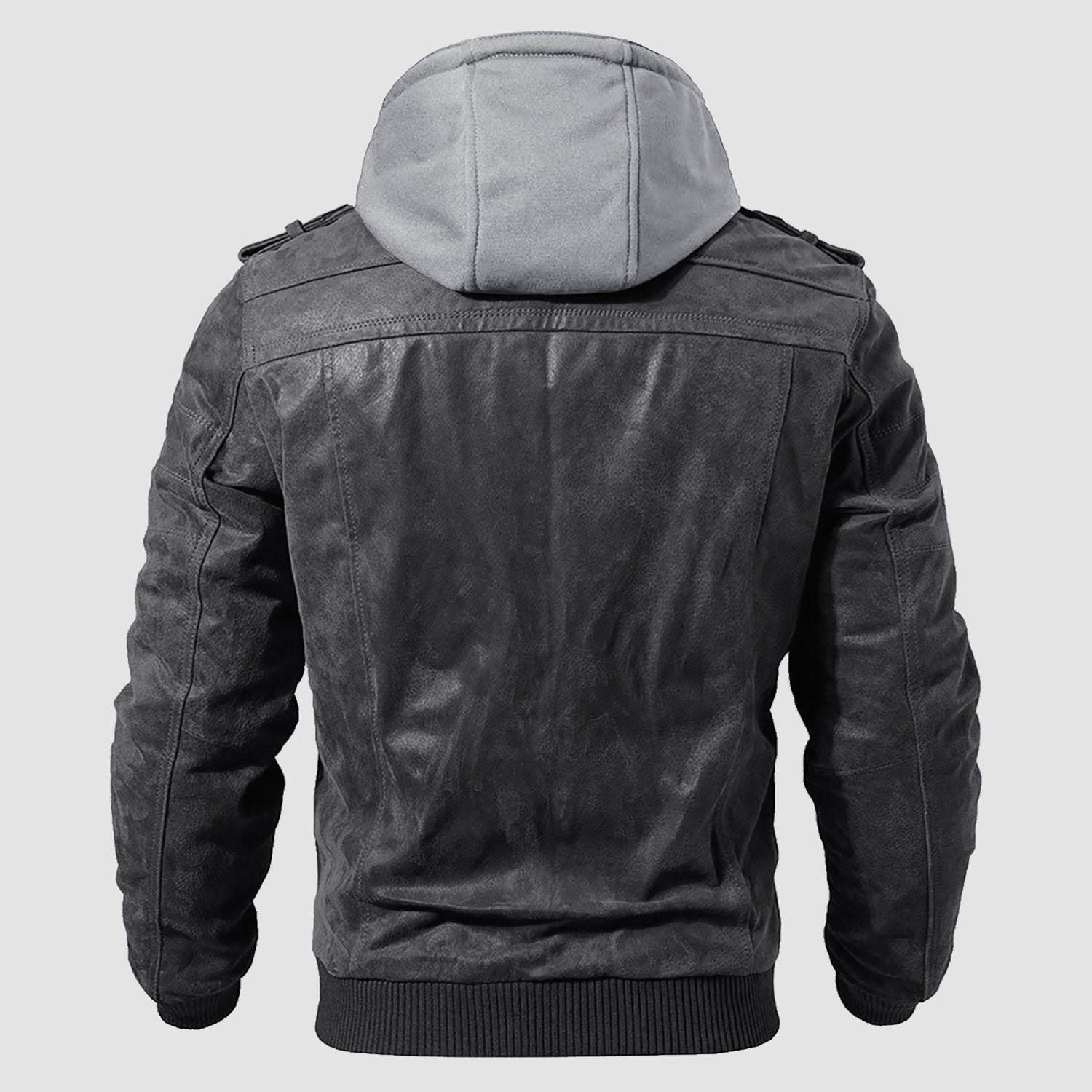 Men's Stand Collar PU Faux Leather Jacket 6 Pockets Motorcycle Bomber Fall Winter Jacket with a Removable Hood