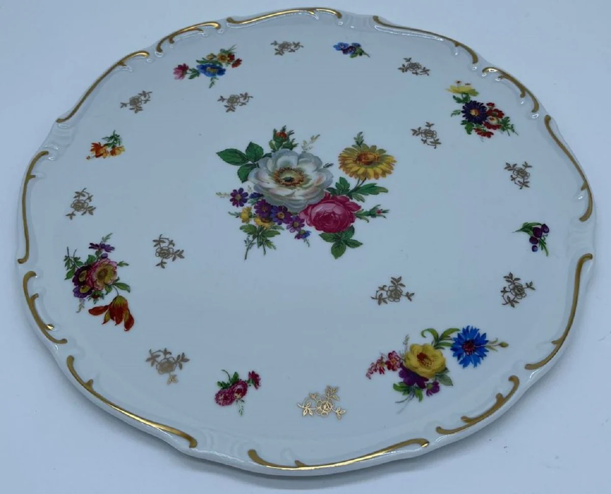 Casa Padrino Plato de Porcelana Barroco de Lujo Blanco / Multicolor / Oro ? 31 cm - Plato de Tarta Redondo - Accesorios de Porcelana Barroco de Lujo - Reichenbach Porzellan - Hecho en Alemania