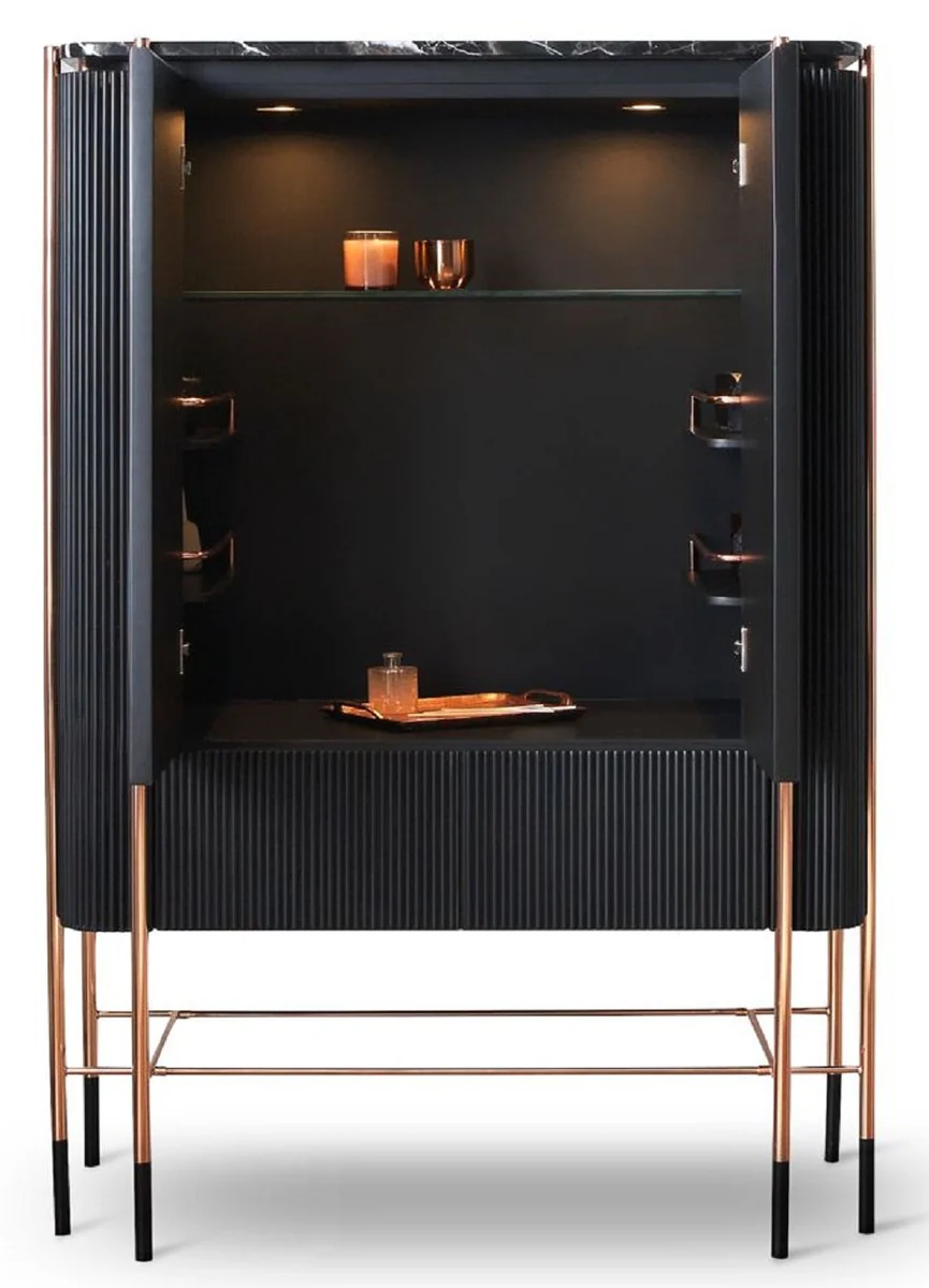 Casa Padrino armario bar de lujo negro / negro mate / cobre 104 x 52 x A. 150 cm - Armario del vino iluminada con 2 puertas - Armario de sal¨®n - Armario de bar - Muebles de Hotel