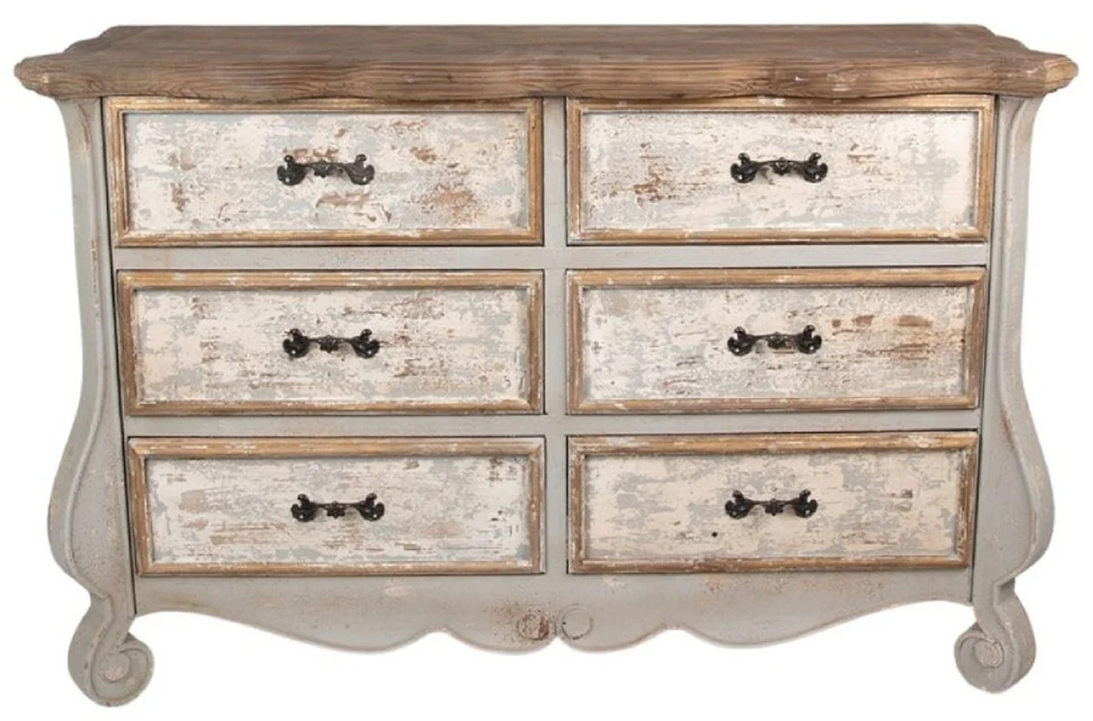 Casa Padrino cómoda shabby chic de estilo campestre con 6 cajones gris / beige / oro / marrón 135 x 41 x A. 89 cm - Muebles de estilo campestre - Muebles shabby chic - Interiores estilo campestre