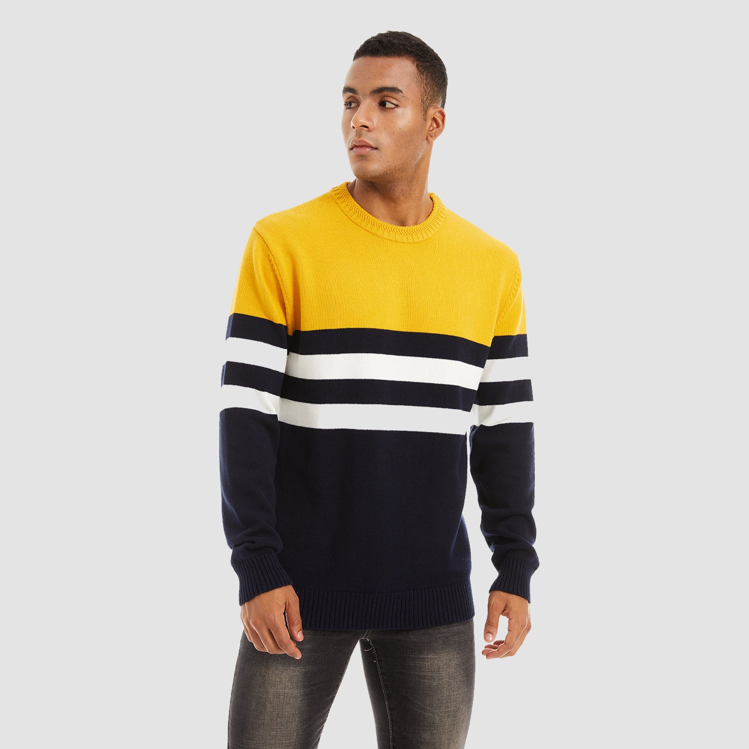 Men's Crewneck Sweater Soft Thermal Knitted Sweatshirt Color Block Striped