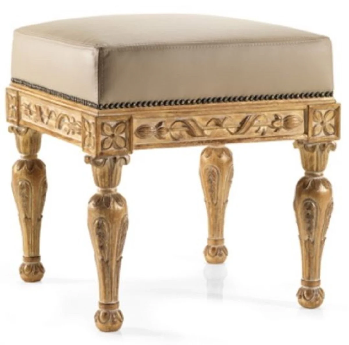 Casa Padrino taburete de cuero barroco de lujo beige / natural antiguo - Taburete de estilo barroco hecho a mano con cuero genuino de alta calidad - Muebles barrocos - Hecho en Italia