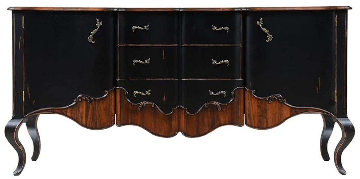 Casa Padrino aparador barroco de lujo negro antiguo / marrón 200,5 x 53,5 x A. 98 cm - Magnífico armario con 2 puertas y 3 cajones - Muebles de lujo en estilo barroco - Muebles barrocos