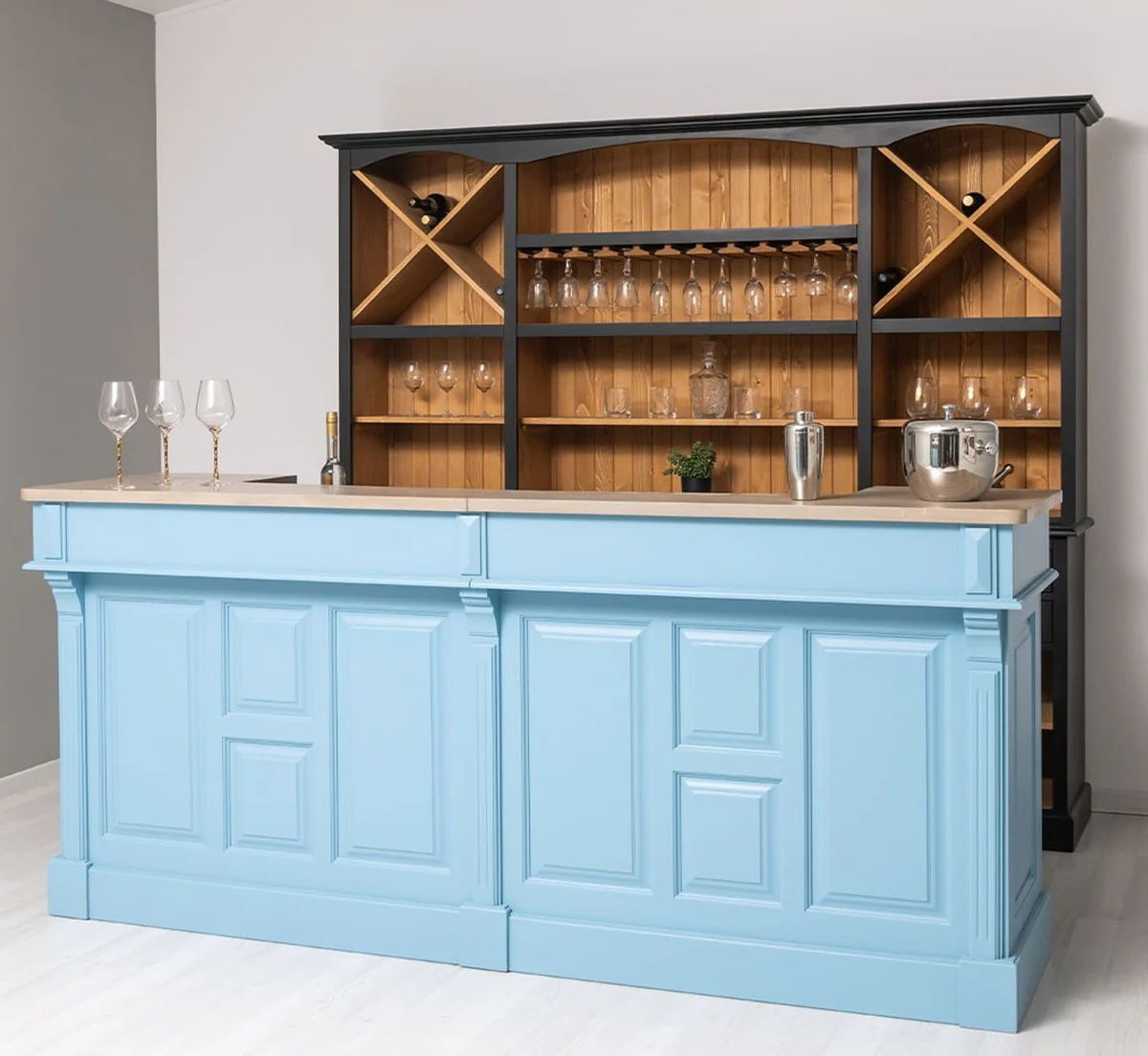 Casa Padrino barra de bar de estilo campestre azul claro / beige 240 cm - Muebles de bar estilo campestre