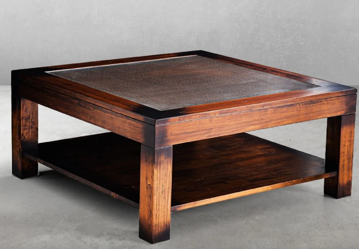 Casa Padrino mesa de centro de estilo vintage de lujo marr¨®n 100 x 100 x A. 45,5 cm - Mesa de sal¨®n cuadrada de madera maciza con tapa de vidrio - Muebles de estilo vintage - Muebles de lujo