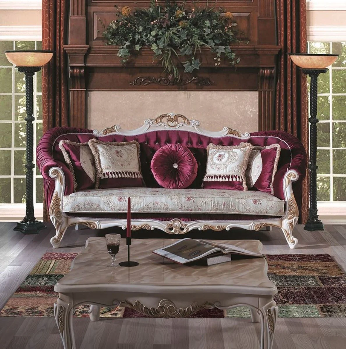 Casa Padrino mesa de centro barroco de lujo con placa de vidrio crema / oro 100 x 80 x A. 45 cm - Mesa de sal¨®n de madera maciza - Muebles de Sal¨®n de Estilo Barroco