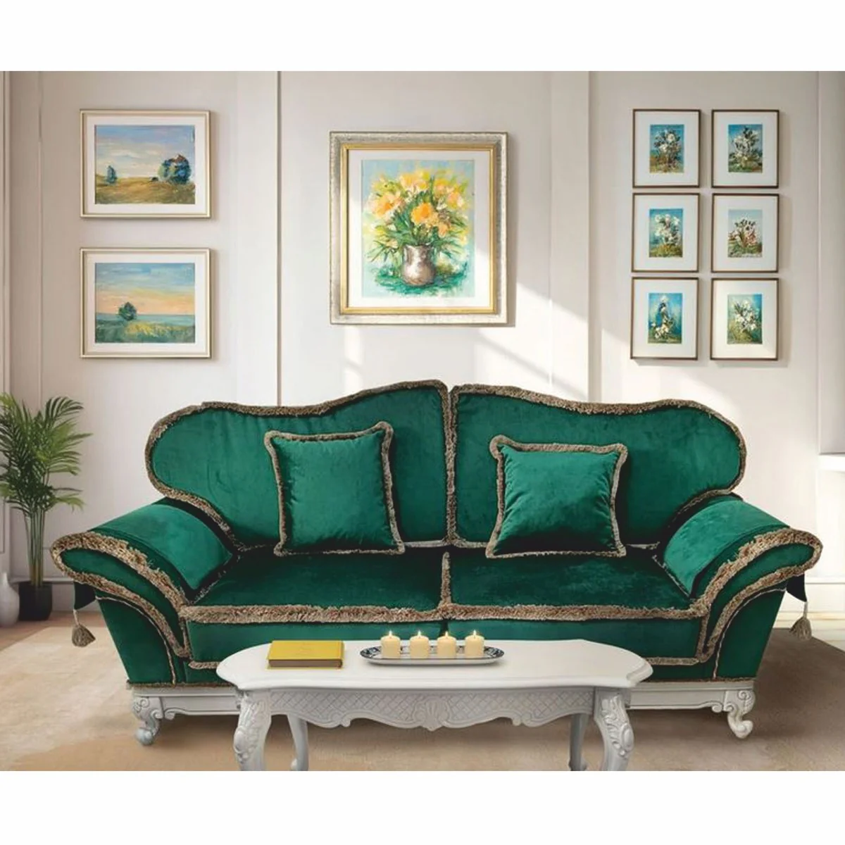 Casa Padrino sof¨¢ de terciopelo barroco de lujo verde / blanco 210 cm - Muebles de sal¨®n de estilo barroco