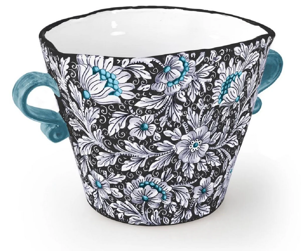Casa Padrino maceta de cerámica de lujo con 2 asas negro / multicolor Ø 27 x A. 20 cm - Maceta de cerámica hecha a mano y pintada a mano - Calidad de lujo - Hecho en Italia