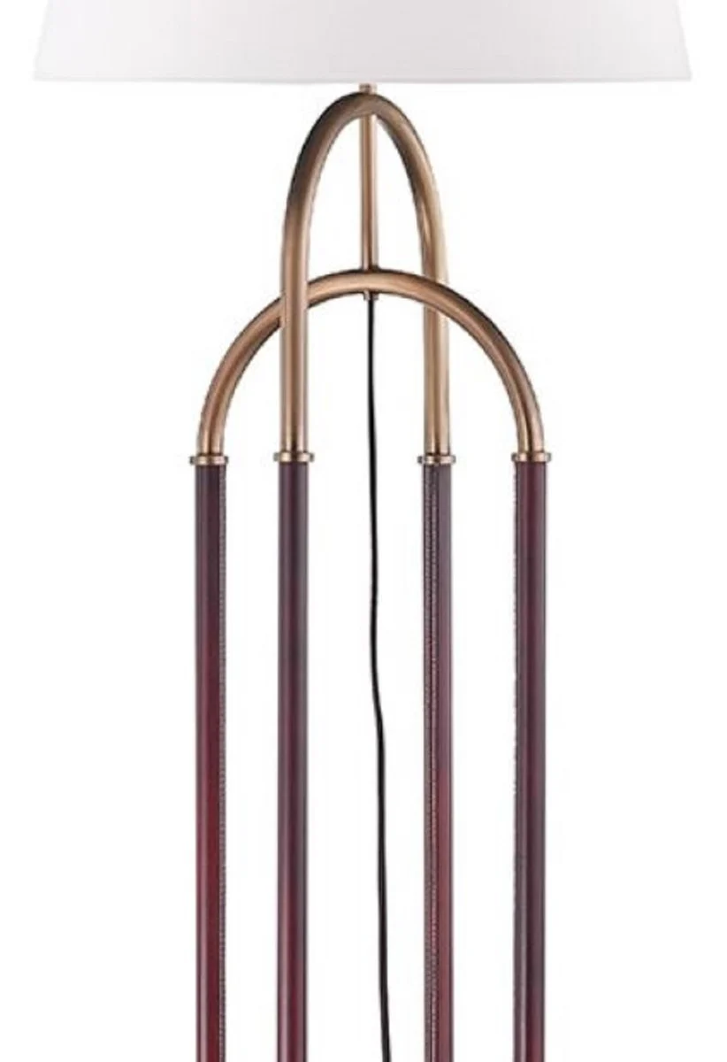 Casa Padrino lámpara de pie de lujo latón antiguo / marrón / blanco Ø 50,8 x H. 172,7 cm - Lámpara de Metal Noble con Cuero de Alta Calidad y Pantalla de Lino - Calidad de Lujo