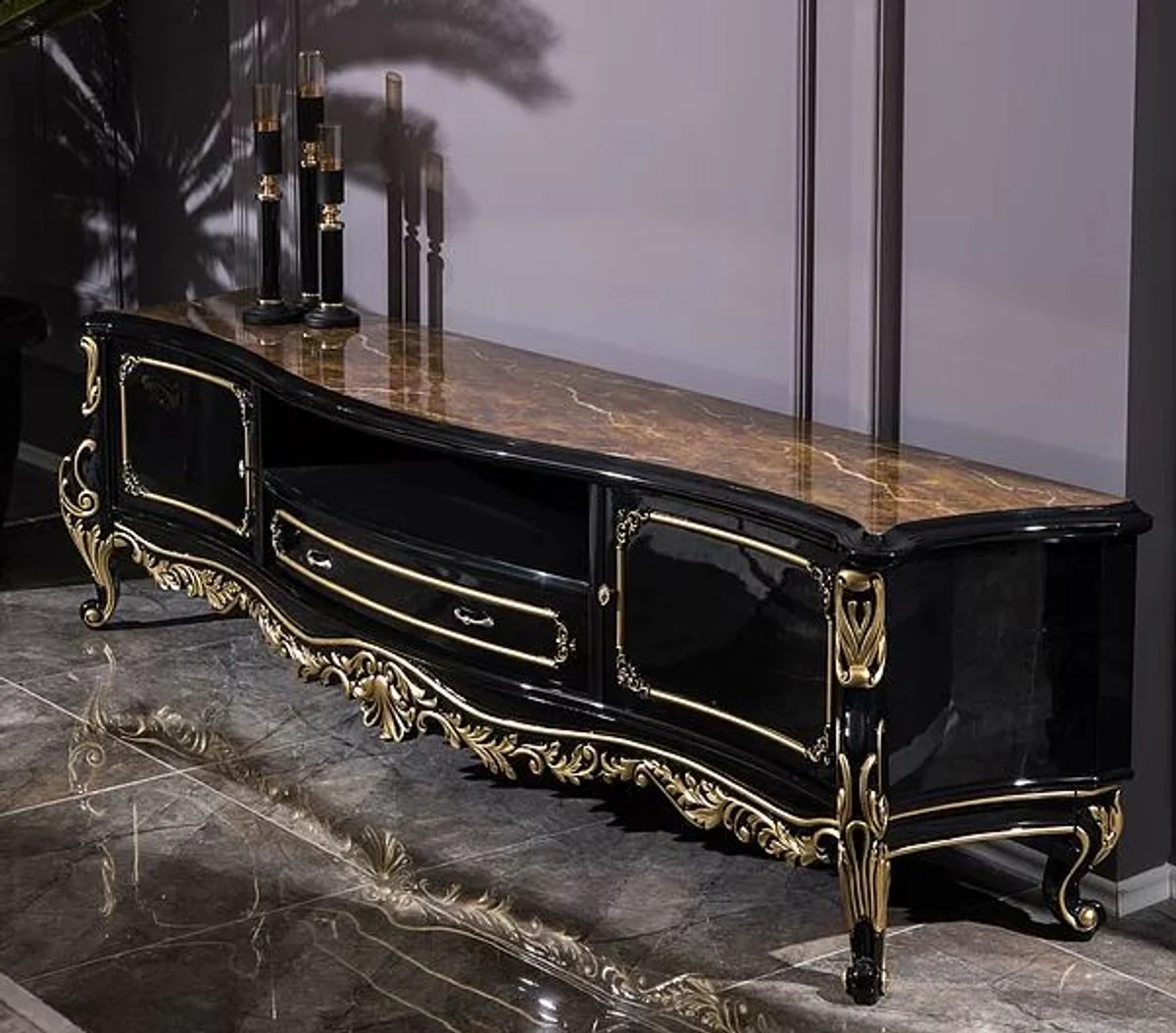 Casa Padrino gabinete TV barroco de lujo negro / oro 228 x 48 x A. 61 cm - Magn¨ªfico mueble de TV de madera maciza - Muebles de sal¨®n barrocos