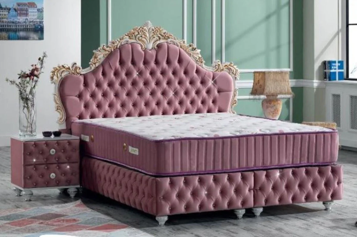 Casa Padrino mesita de noche barroco con pedrería y 2 cajones rosa / blanco / plata 50 x 50 x A. 50 cm - Mesa auxiliar de estilo barroco - Muebles de Dormitorio Barrocos