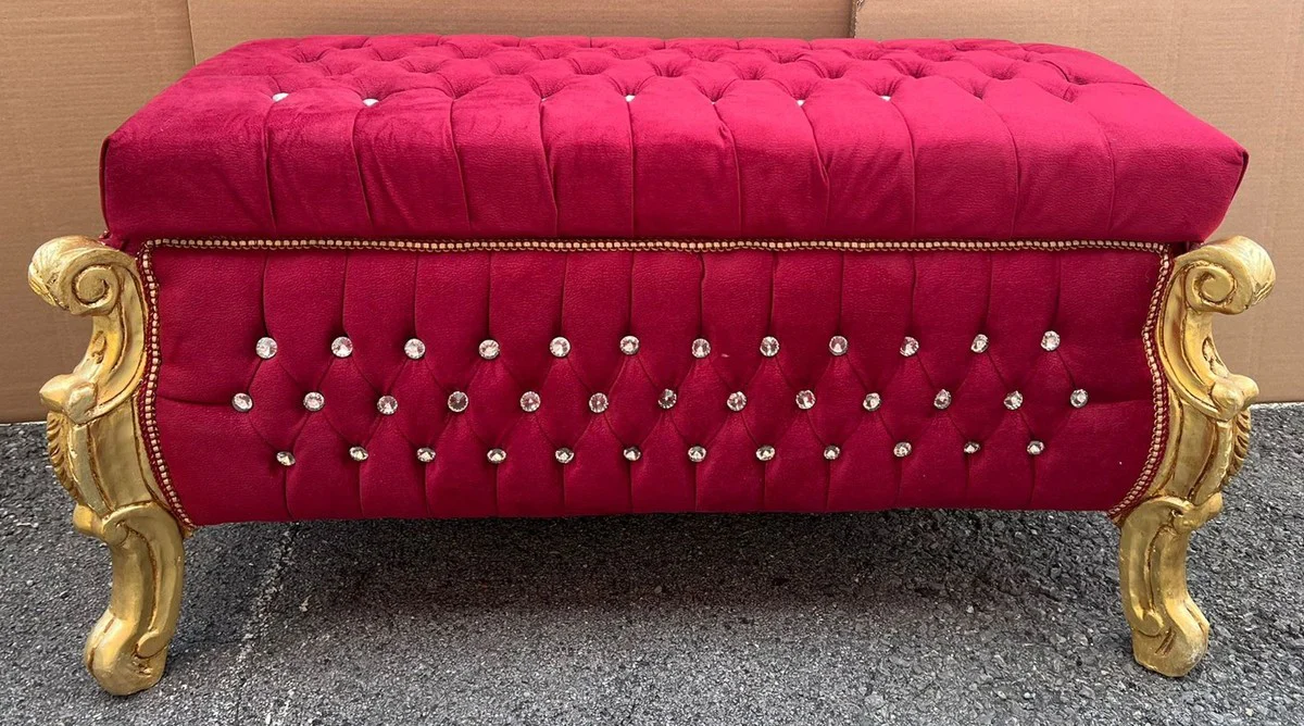 Casa Padrino banco barroco - cofre con pedrería rojo burdeos / oro - Muebles barrocos