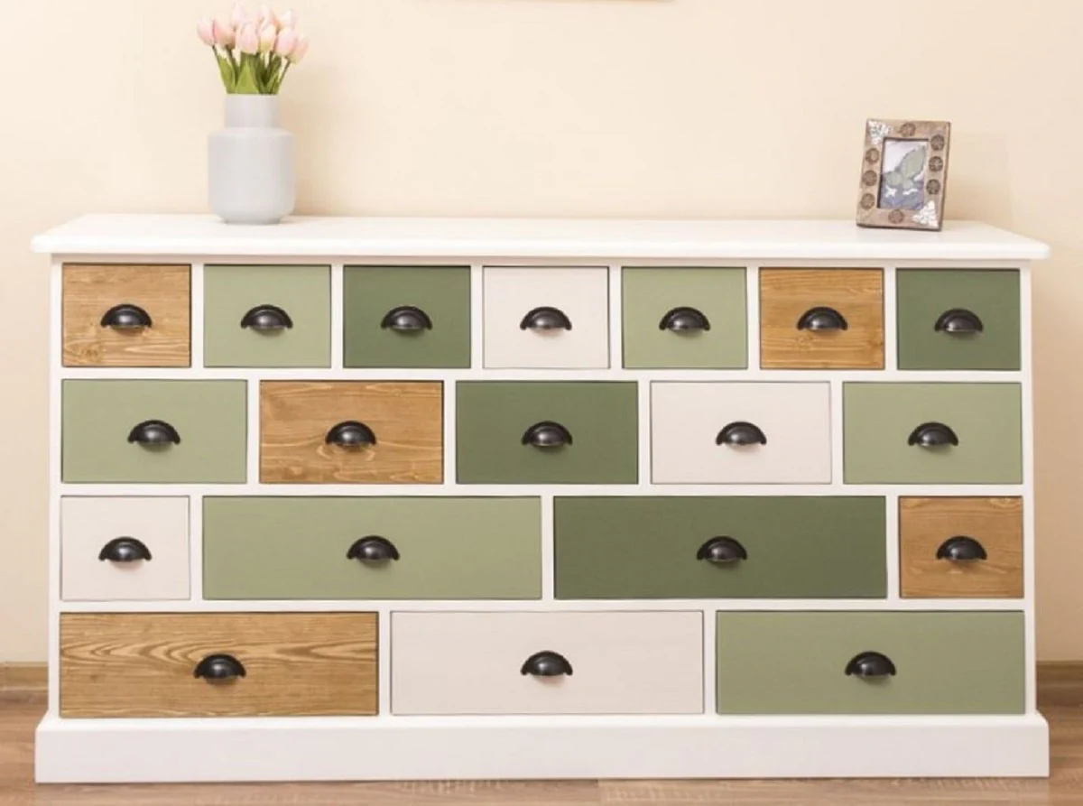 Casa Padrino cómoda de estilo campestre blanco / verde / natural 180 x 48 x A. 95 cm - Armario de madera maciza con 19 cajones - Muebles de estilo campestre - Estilo campestre muebles