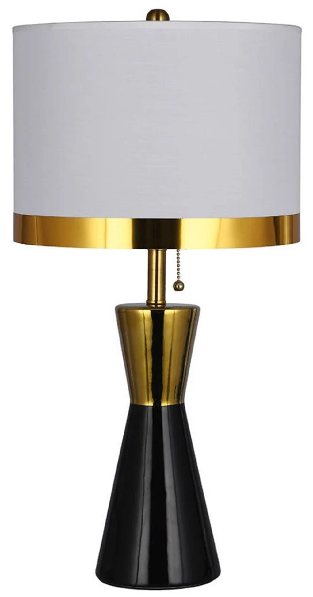 Casa Padrino lámpara de mesa de cerámica de lujo negro / oro / blanco Ø 30 x A. 60 cm - Lámpara de escritorio redonda de cerámica con pantalla - Luces de cerámica de lujo