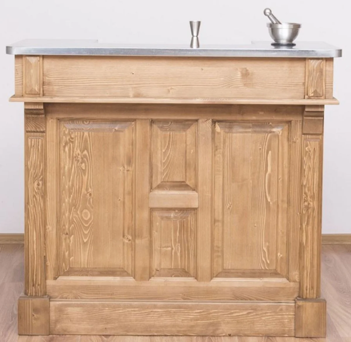 Casa Padrino barra de bar de estilo campestre natural / plata 120 x 65 x A. 107 cm - Barra de bar de madera maciza con sobre de mesa galvanizado - Muebles de bar en estilo campestre