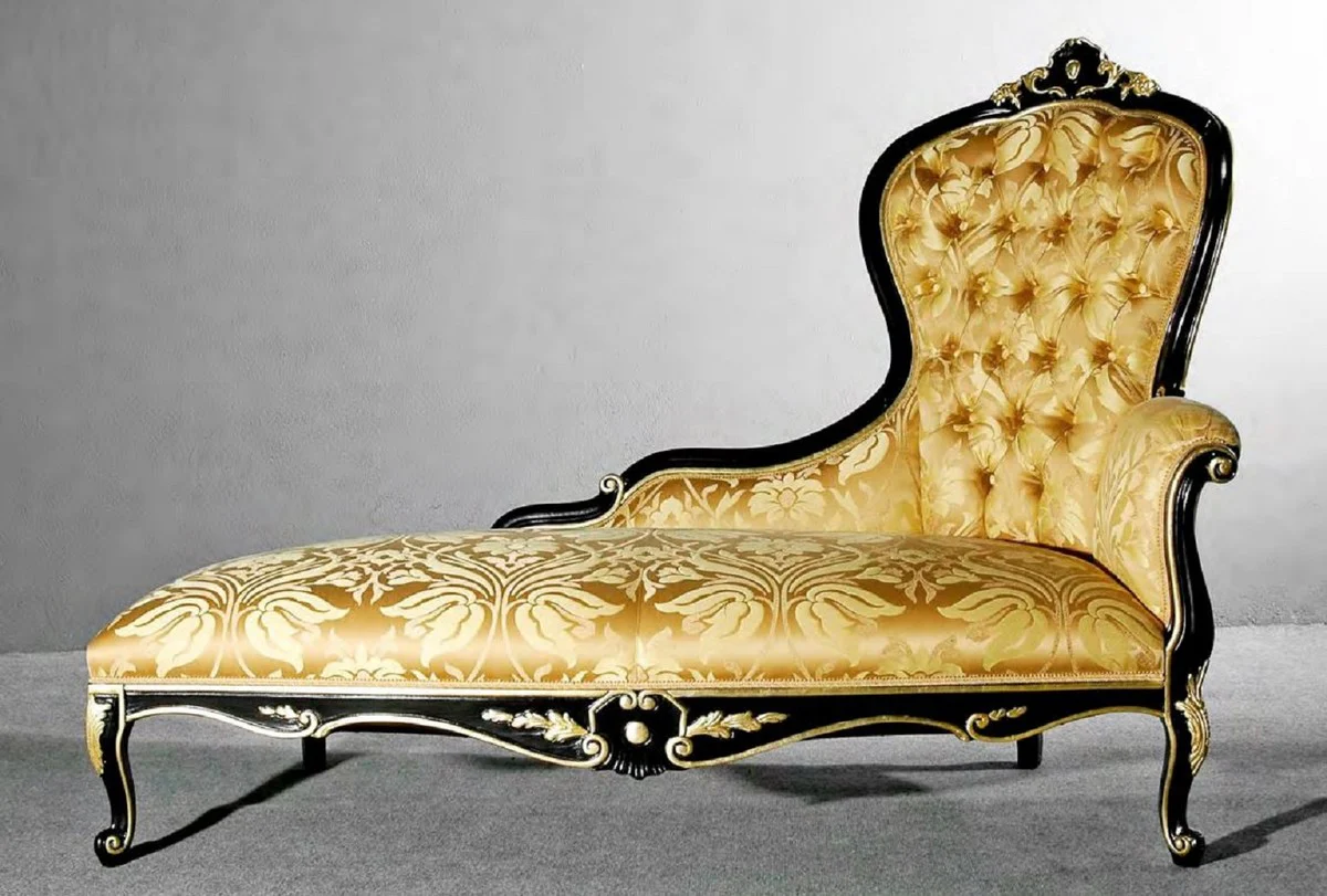 Casa Padrino chaise longue barroco de lujo oro / negro / oro - Chaise longue de madera maciza con patr¨®n elegante - Muebles de Sal¨®n y Hotel Barrocos - Calidad de Primera Clase - Hecho en Italia
