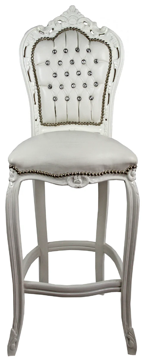 Casa Padrino silla de bar baroque con cuero sint¨¦tico y pedrer¨ªa crema / blanco 60 x 55 x H. 146 cm - Trona Hecha a Mano - Taburete de Bar - Muebles de Bar Barroco