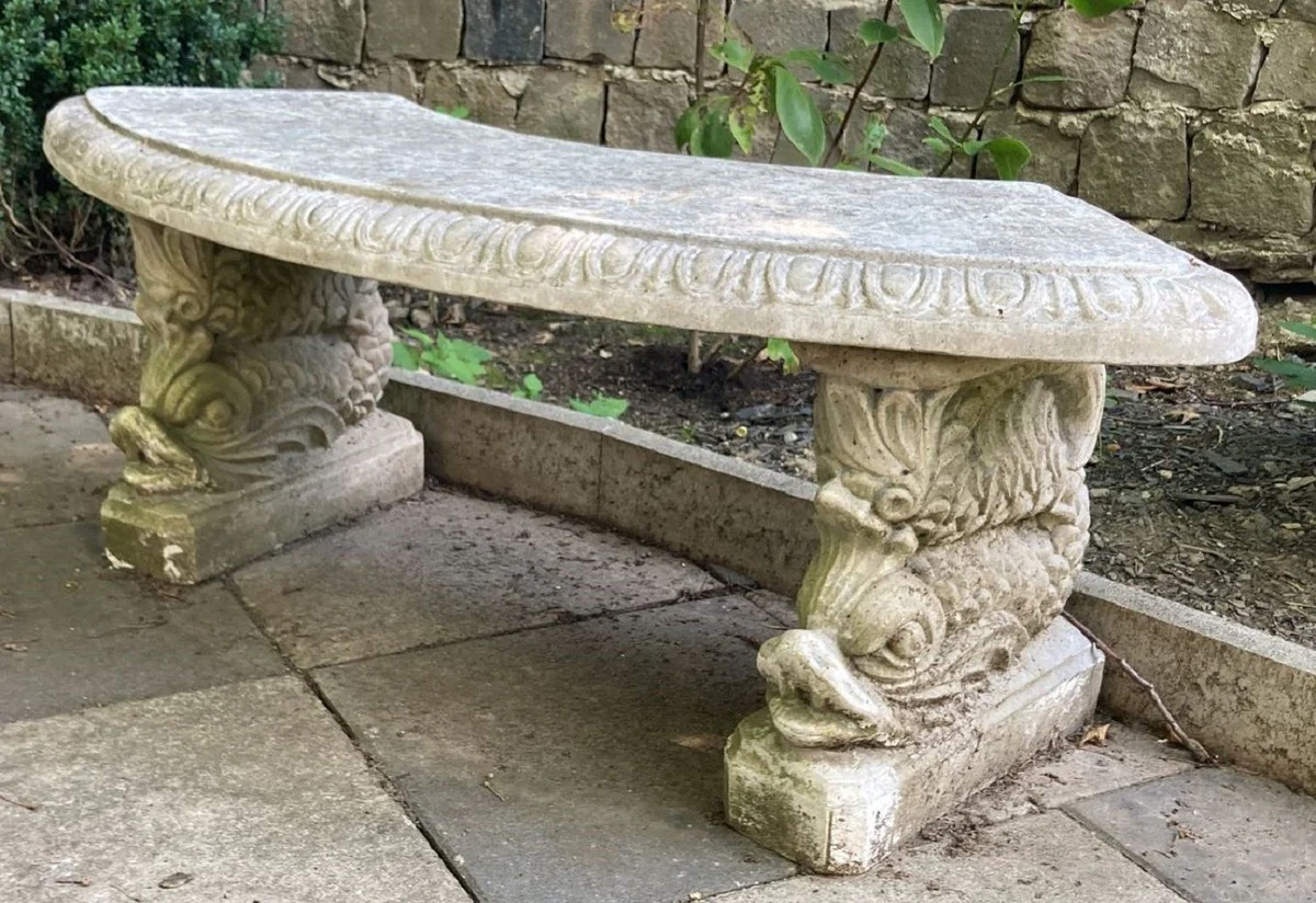 Casa Padrino Banco de Jardín Gris 138 x 45 x A. 49 cm - Banco de Piedra Curvo Estilo Oriental - Muebles de Jardín Oriental