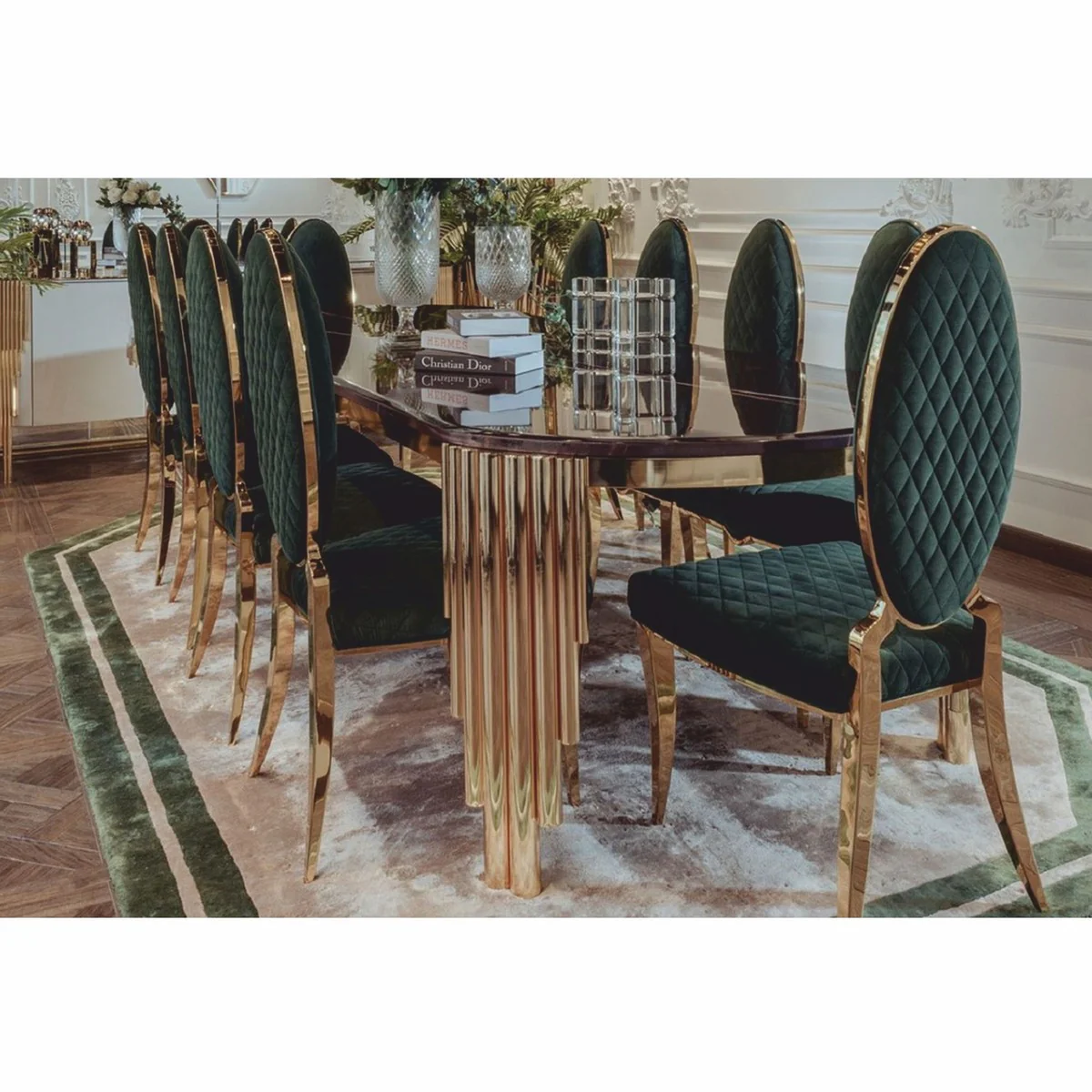 Casa Padrino mesa de comedor de lujo con tablero de m¨¢rmol artificial negro / oro 240 cm - Muebles de comedor