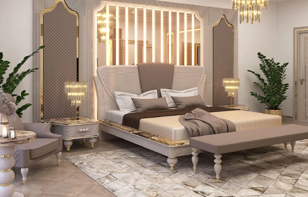 Casa Padrino conjunto de mesitas de noche Art Deco de lujo gris / blanco / oro 75 x 50 x A. 48 cm - Magníficas mesitas de noche de madera maciza - Muebles de Dormitorio y Hotel Art Deco