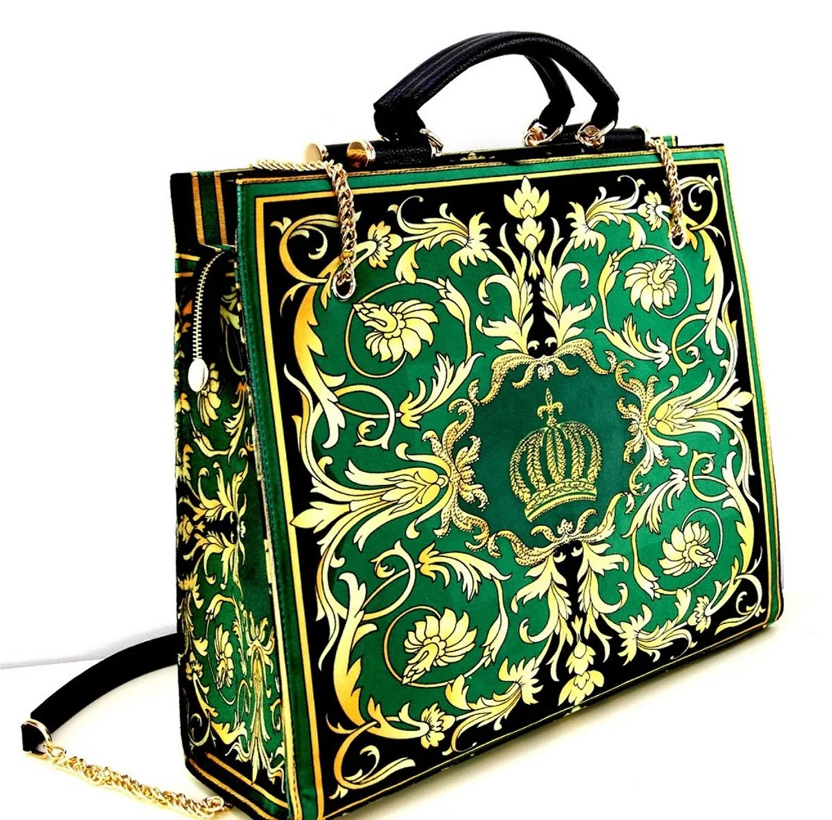Pomp??s by Casa Padrino Conjunto de Bolsos de Lujo de Mujer Flores Barrocos con Corona y Pedrer¨ªa Verde / Negro / Oro - Bolsos de mujer pomposos dise?ados por Harald Gl??ckler