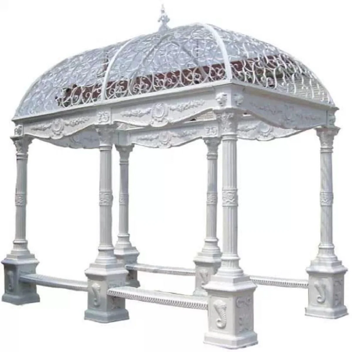 Casa Padrino pabellón de jardín barroco de lujo blanco 390 x 250 x A. 420 cm - Pabellón de hierro fundido con bancos integrados - Magnífica decoración de jardín en estilo barroco