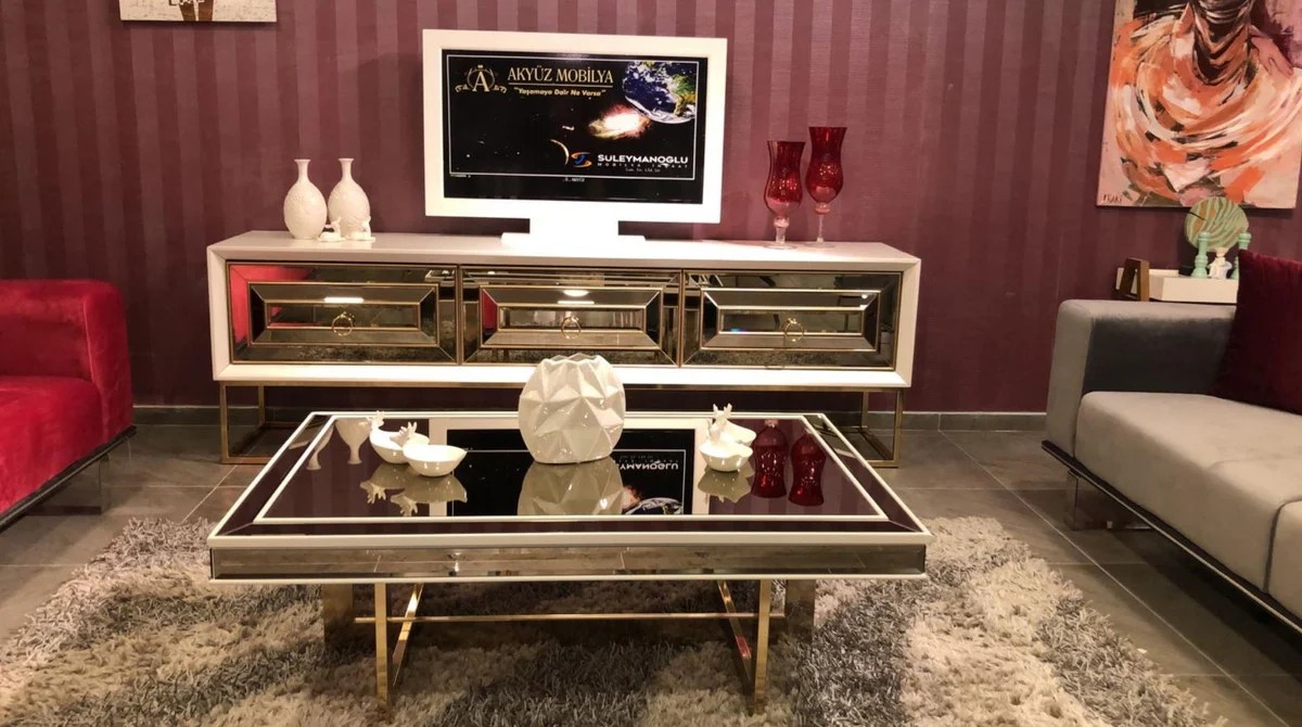 Casa Padrino mesa de centro de lujo blanco / oro 120 x 80 x A. 43 cm - Mesa de sal¨®n con tapa de vidrio y vidrio espejo - Muebles de sal¨®n de lujo