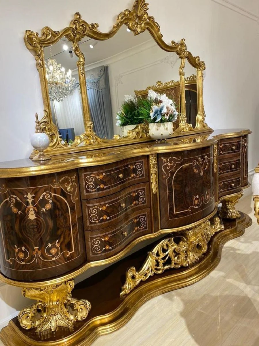 Casa Padrino aparador barroco de lujo con espejo marrón / oro antiguo 305 x 50 x A. 232 cm - Gabinete de madera maciza adornada con espejo de pared - Muebles nobles en estilo barroco - Calidad de Lujo