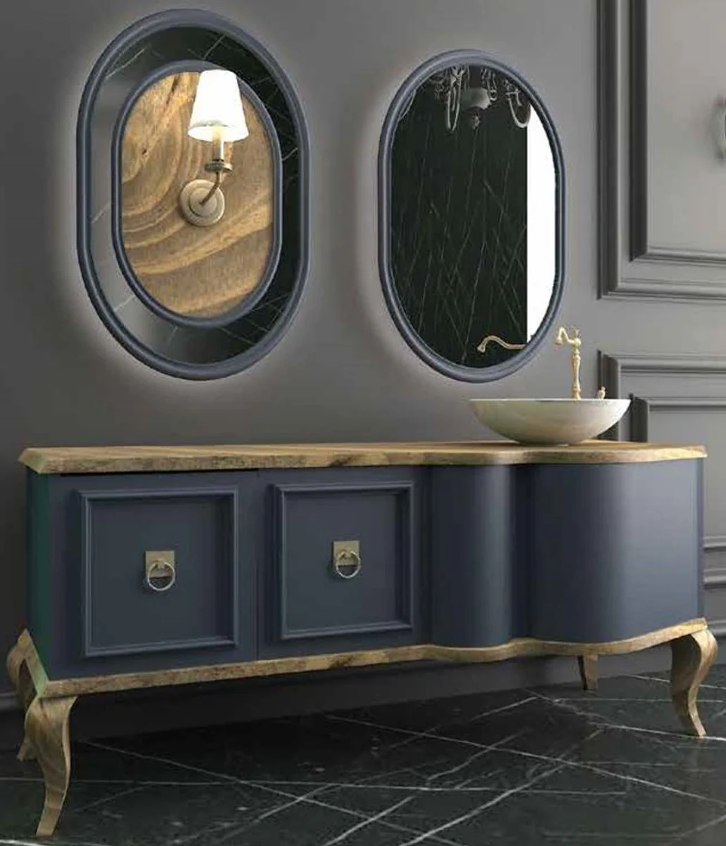 Casa Padrino Conjunto de Baño Barroco de Lujo Natural / Azul - 1 Mesa de Lavabo con 2 Puertas y 1 Lavabo y 2 Espejos de Pared - Suntuosos Muebles de Baño