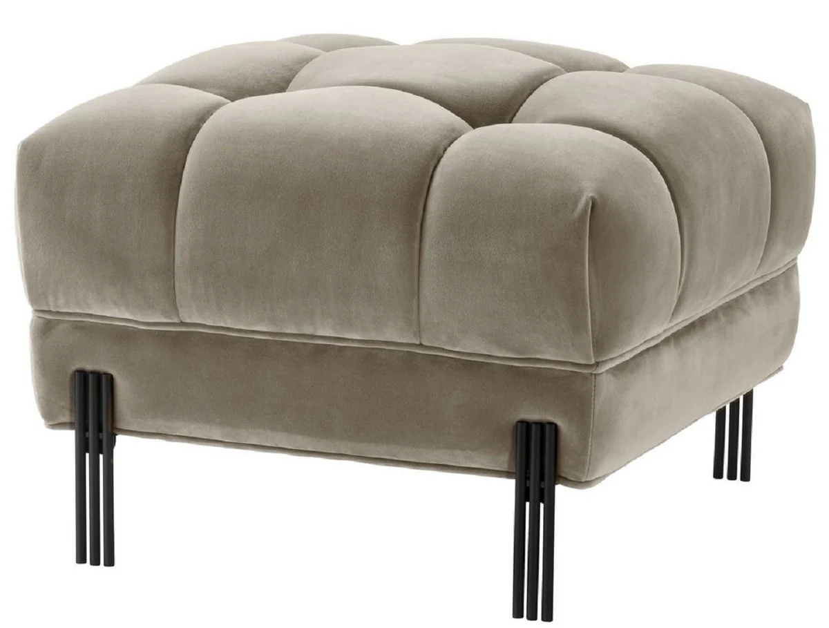 Casa Padrino taburete de pie de lujo greige / negro 59 x 59 x H. 43 cm - Taburete de Terciopelo con Patas de Acero Inoxidable - Muebles de Sal¨®n