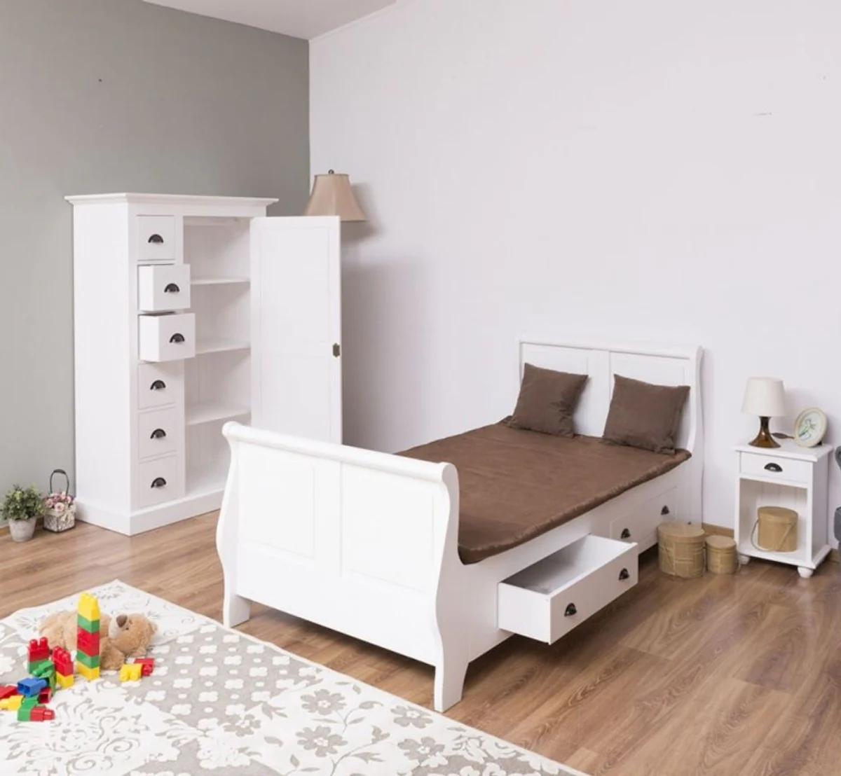 Casa Padrino conjunto de muebles para habitación infantil de madera maciza de estilo campestre blanco - 1 Cama Individual y 1 Guardarropa y 1 Mesita de Noche - Muebles estilo campestre
