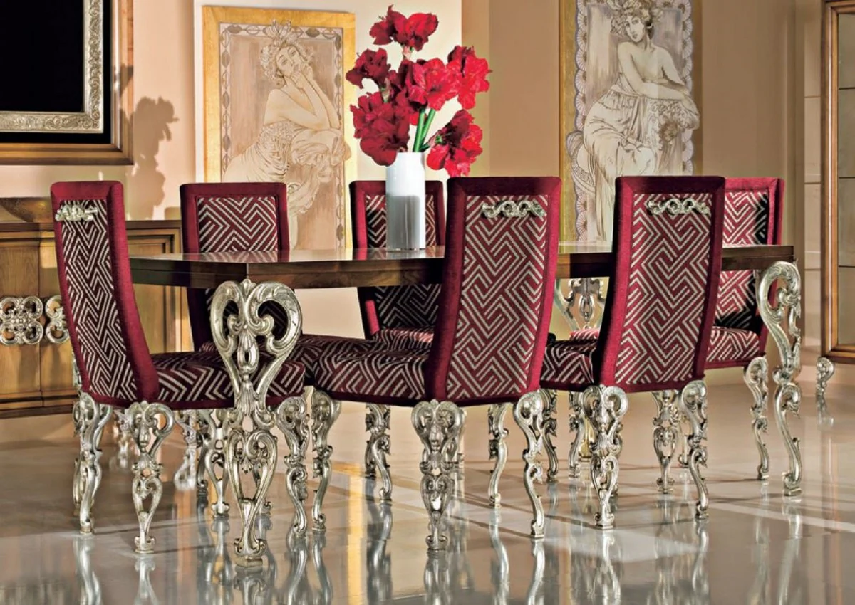 Casa Padrino conjunto de comedor barroco de lujo marr¨®n / rojo burdeos / plata antigua - 1 Mesa de Comedor Barroco y 6 Sillas de Comedor Barrocos - Muebles de comedor barroco - Hecho en Italia