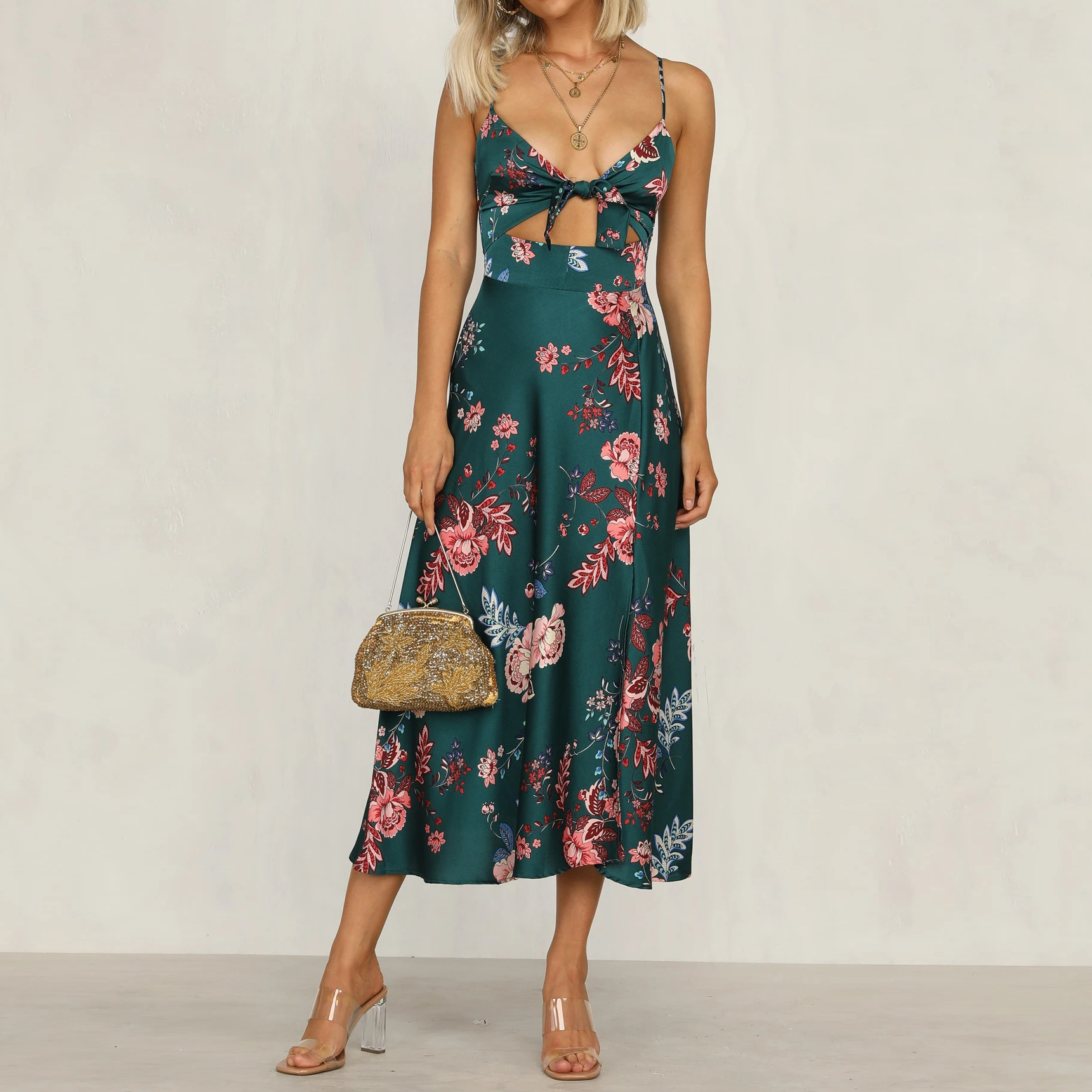 Fashion Temperament Printed Knotted Sling Dress